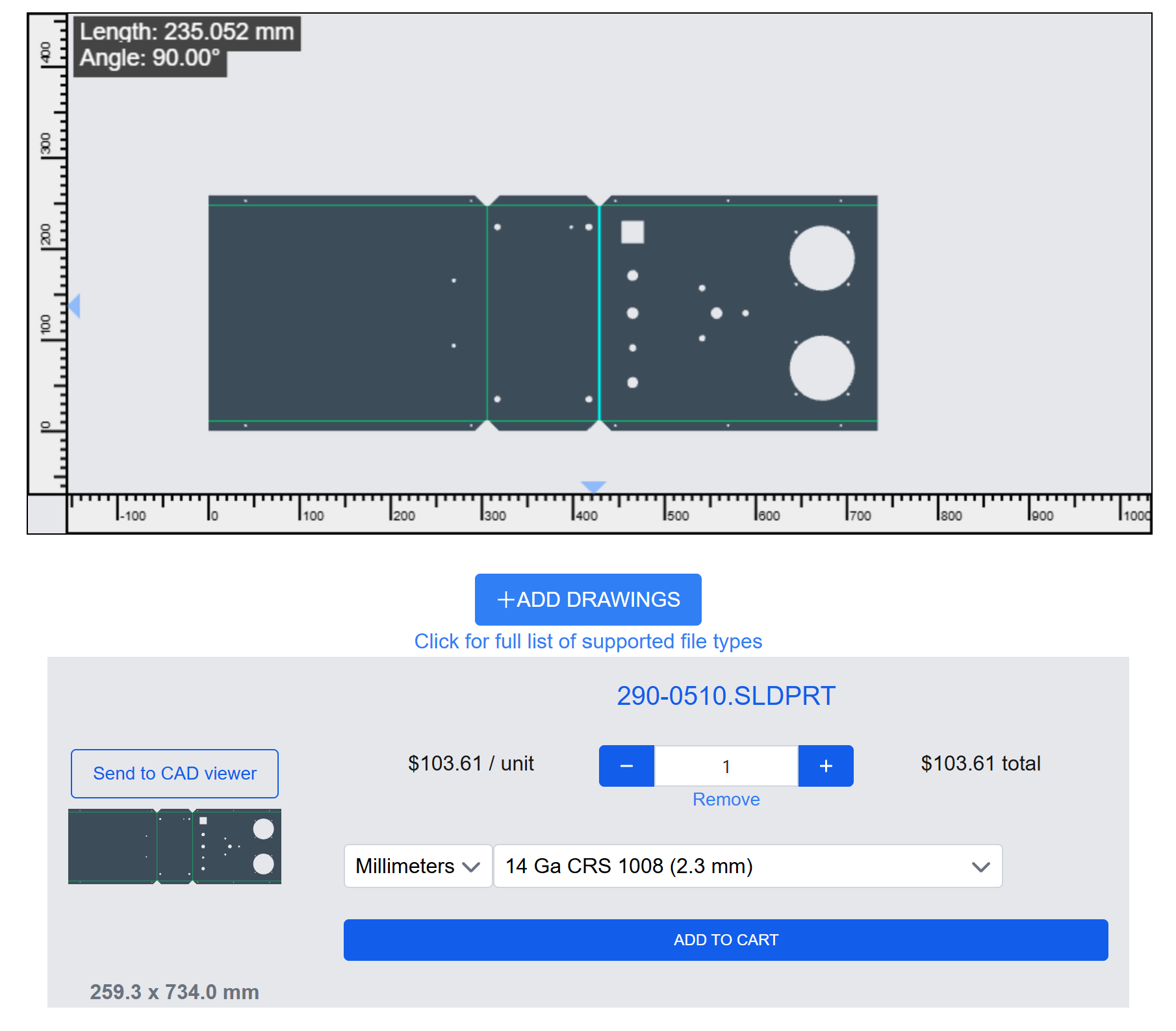 SameDayFab sheet metal quoting interface